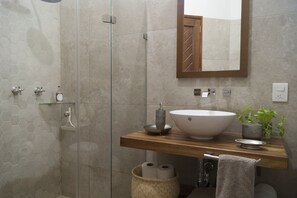 Combined shower/tub, hair dryer, towels, soap