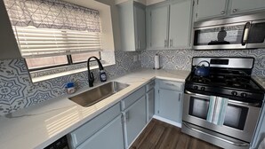 Una cocina con estufa de acero inoxidable, un lavamanos y un salpicadero decorado.