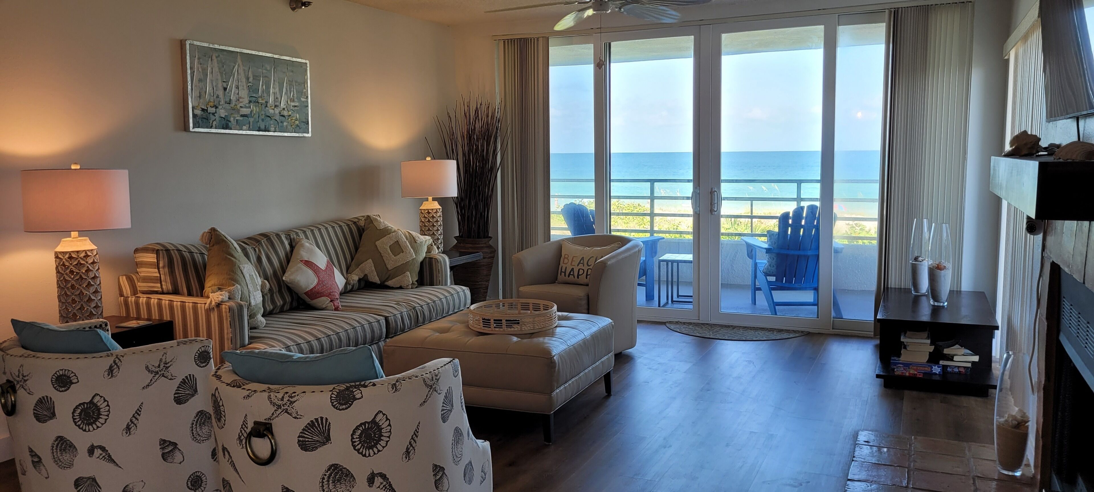 Smart TV, fireplace, books