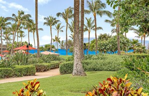 A tropical resort with palm trees, a pathway, and a view of the ocean.