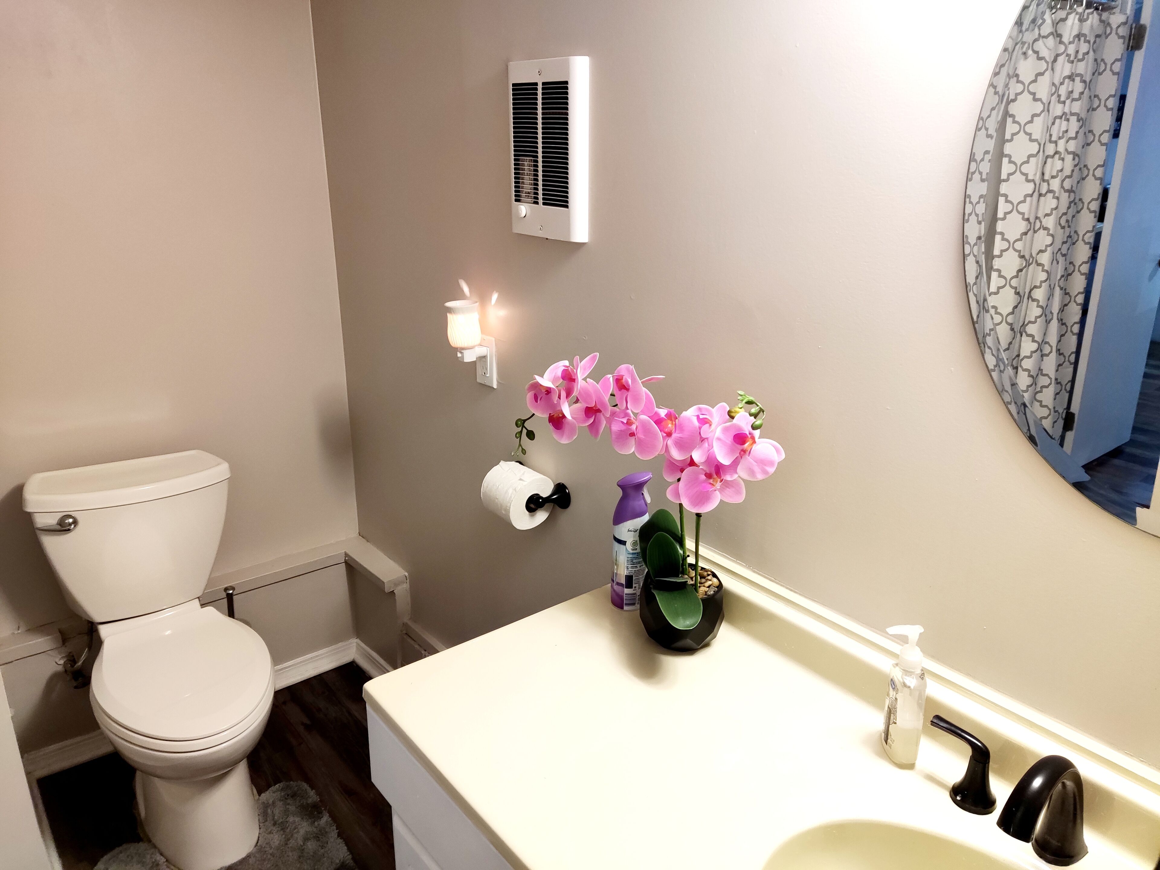 Ein Badezimmer mit Toilette, einem weißen Waschbecken inklusive Spiegel, einer wandmontierten Klimaanlage, einem Toilettenpapierhalter und einer Vase mit rosa Blumen.