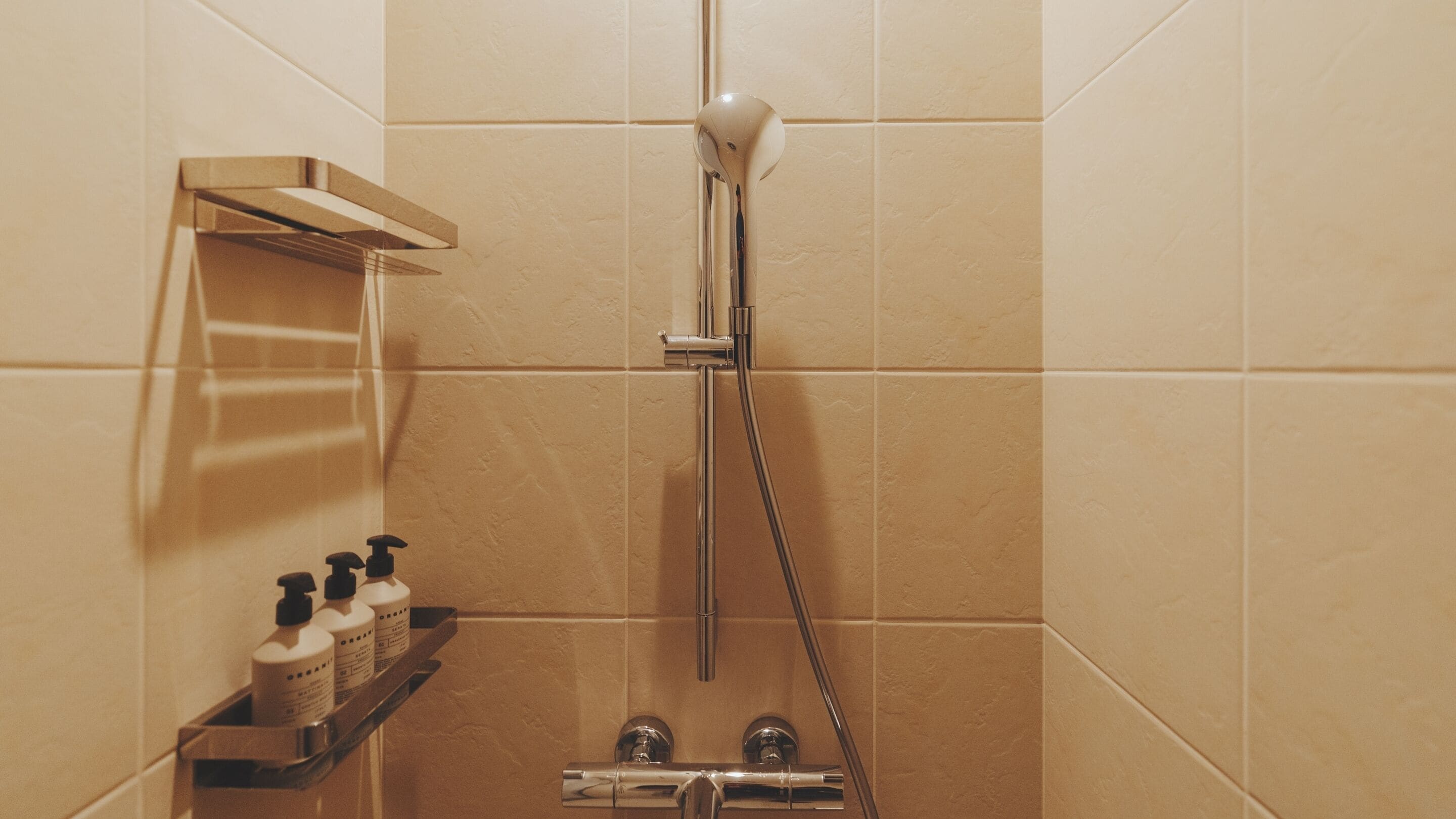 A shower with a handheld showerhead, a wall-mounted faucet, and a shelf with bottles.