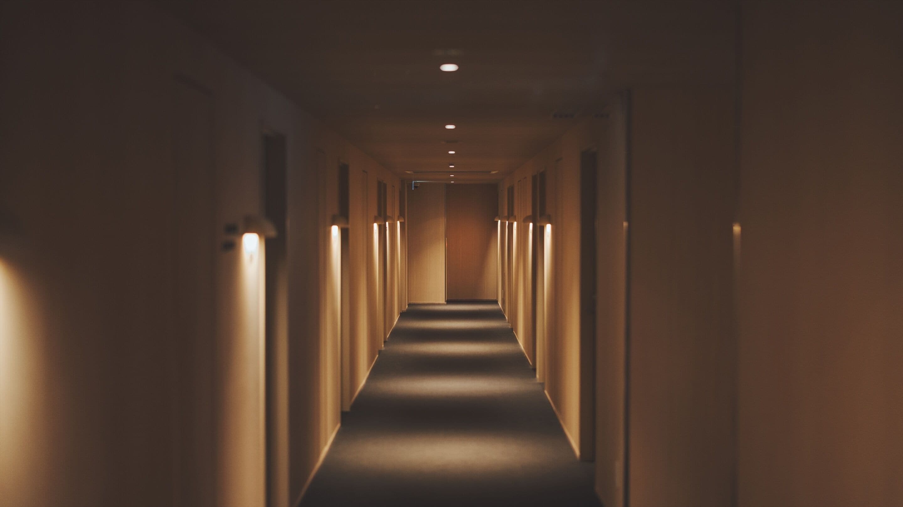 A long, narrow hallway with a carpeted floor and walls on either side.
