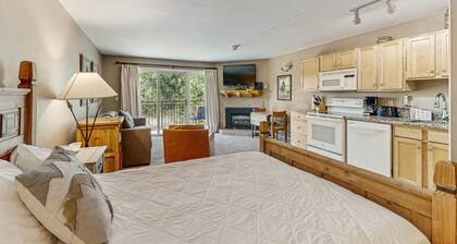 Enchanting mountainside studio with pool, hot tub, sauna, fireplace & balcony