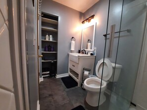 Shower, hair dryer, towels, soap