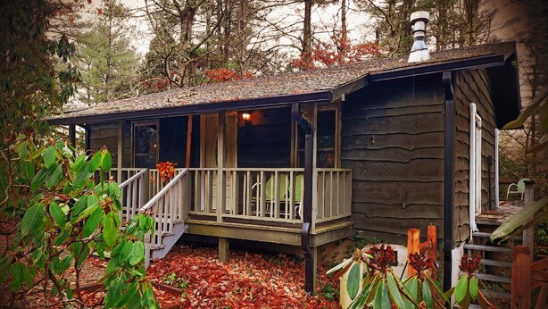 A rustic cabin with a porch, surrounded by trees and fallen leaves. - The Linville Community, a restful retreat w/ convenient access to the mountains (Newland)