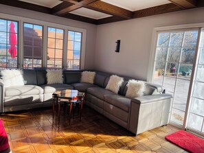 Smart TV, fireplace, books