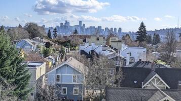 A residential area with houses, trees, and a distant city skyline.