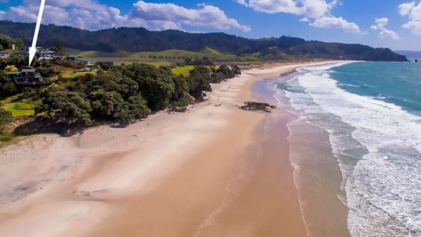 A coastal landscape with a sandy beach, a clear blue sky, and distant hills.