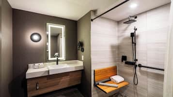 Room, 1 King Bed (Accessible) | Bathroom | Shower, free toiletries, hair dryer, towels