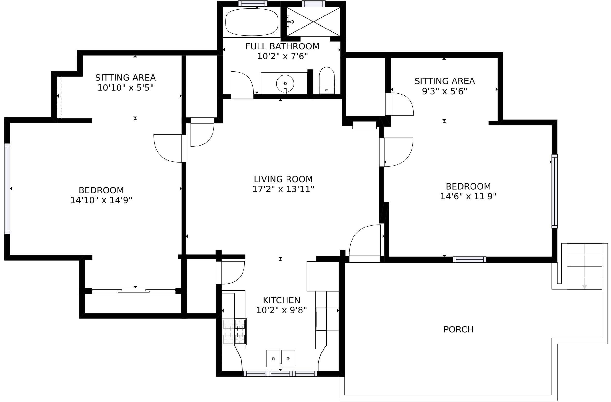 Plano de planta de una casa con sala de estar, dos dormitorios, cocina, baño completo y un rincón de descanso.