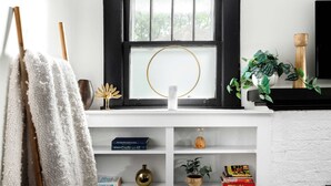 A room with a black-framed window, a white shelf with books and decorative items, and a plant on the right.