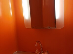 Une salle de bain avec un seul lavabo et un miroir au-dessus.