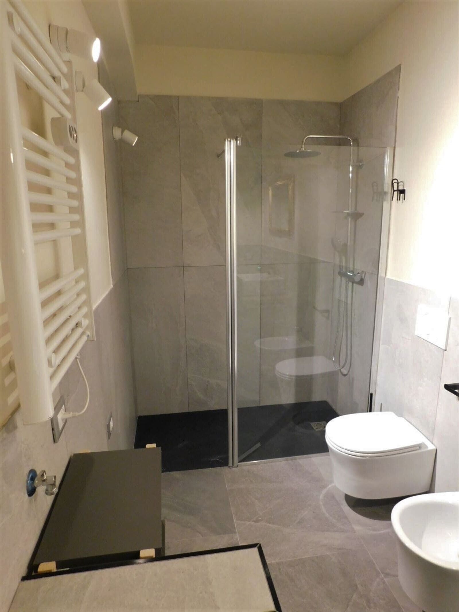 A modern bathroom with a glass-enclosed shower, a white toilet, and a bathtub.