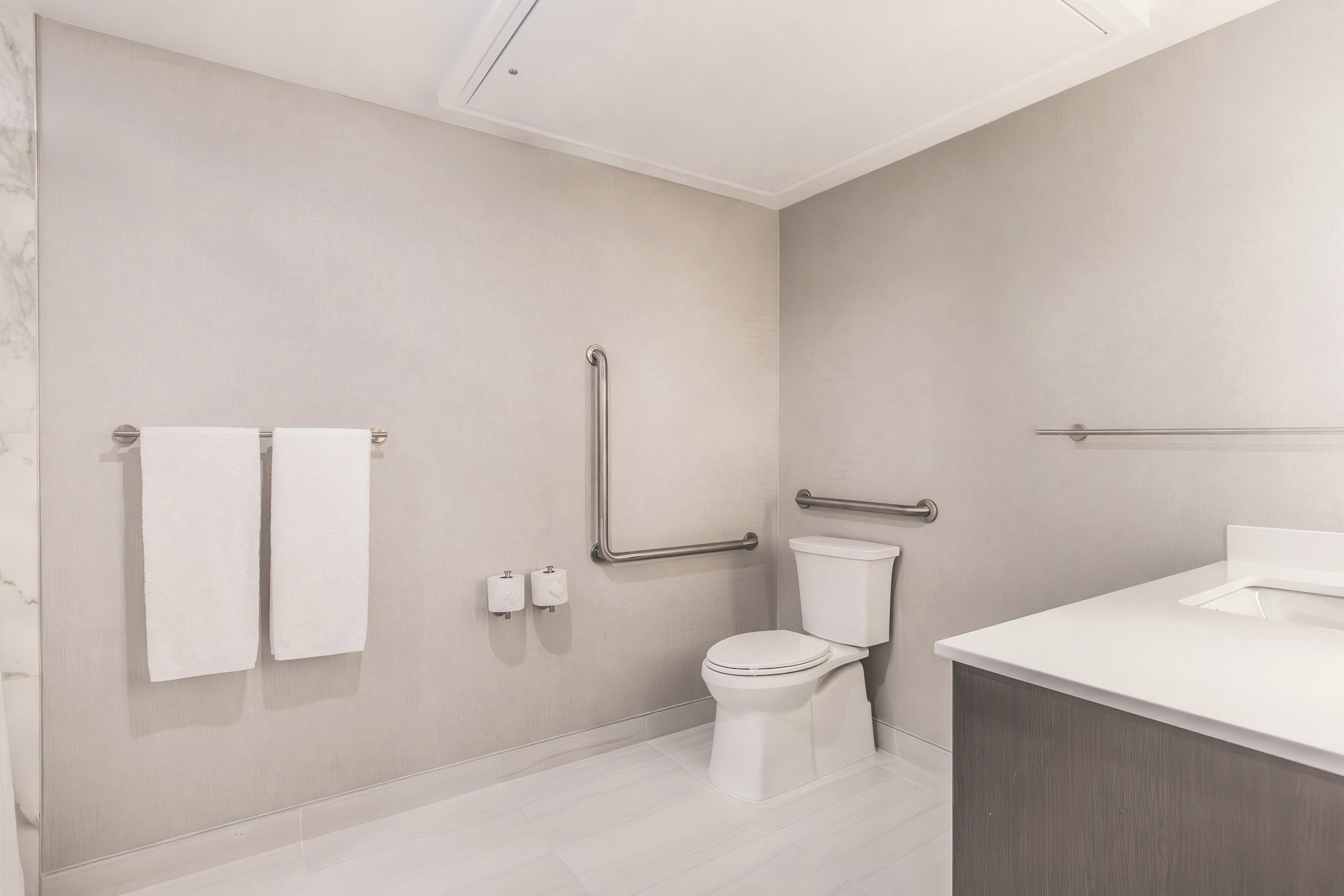 A modern bathroom with a toilet, grab bars, and a sink.