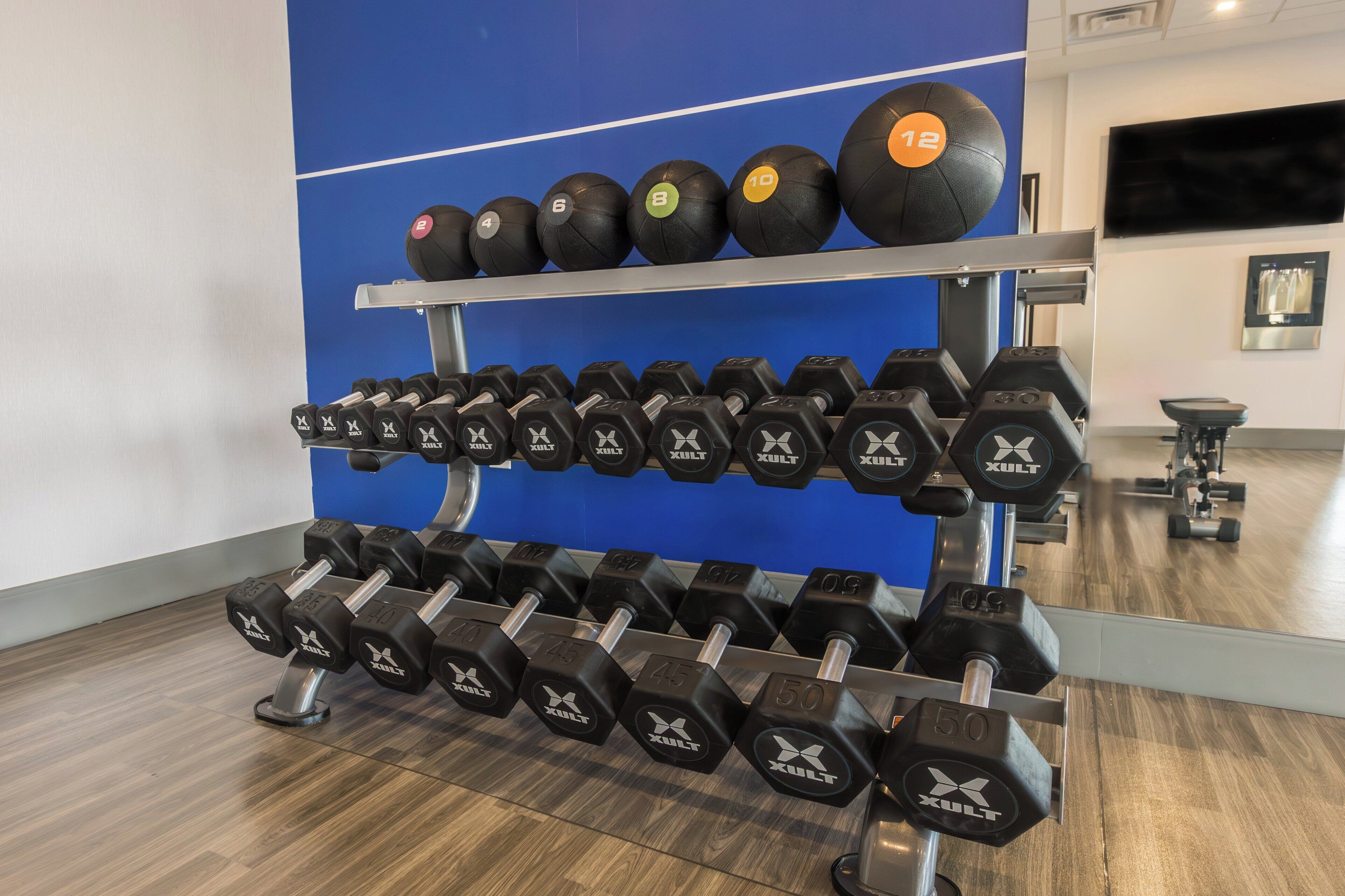 A gym with a blue wall, a mirror, and a rack of dumbbells and medicine balls.