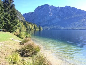 A serene lake with clear water, surrounded by dense forest and mountains. - Hotel am See - Seeresidenz (Altaussee)