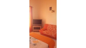1 chambre, fer et planche à repasser, lit de bébé portatif