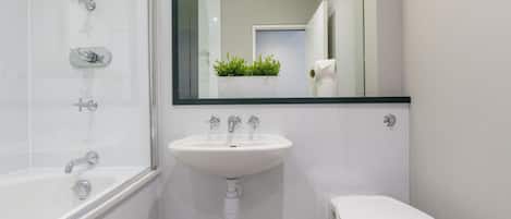 Combined shower/tub, hair dryer, towels, shampoo