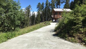 A wooden cabin with a stone foundation, surrounded by dense forest and a gravel path leading to it. - Chez FOLLO Formidable Mayen in old wood (Mase)