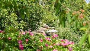 A traditional Japanese-style building surrounded by lush greenery and flowering plants. - Buzzard Treehouse -  a dittisham  that sleeps 5 guests  in 1 bedroom (Dittisham)