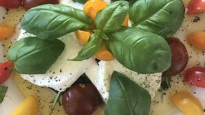 A plate of food with tomatoes, basil, and mozzarella.