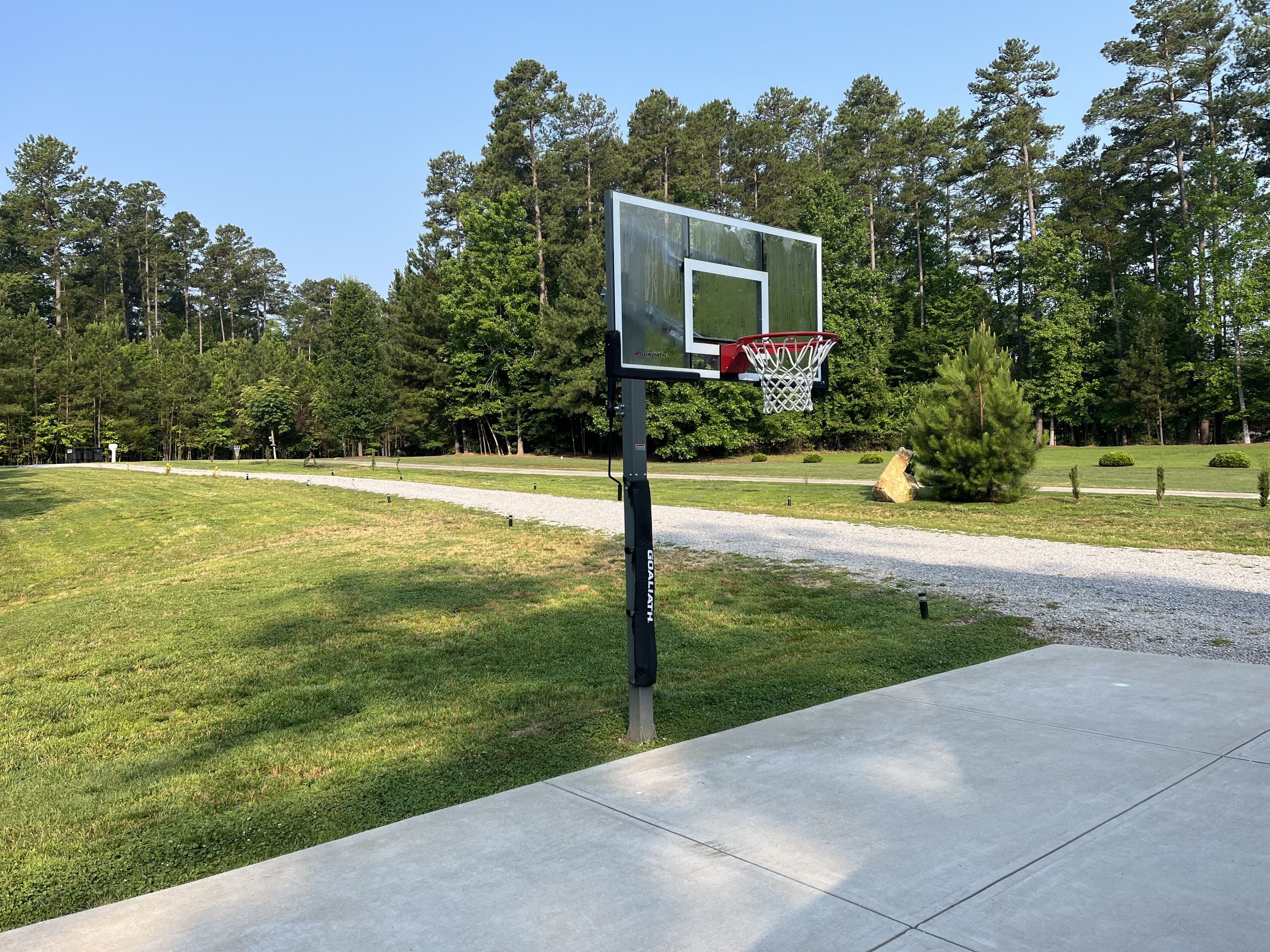 A basketball court with a hoop and backboard, surrounded by a grassy area and trees.