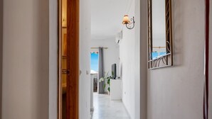 Un couloir avec une porte en bois, un mur blanc orné d’un miroir et un luminaire au plafond.