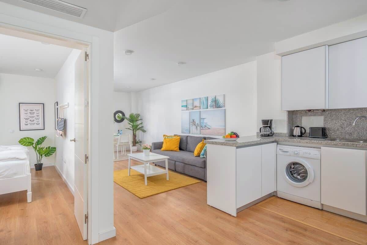 A compact apartment with a kitchenette, a sofa, a dining area, and a washing machine.