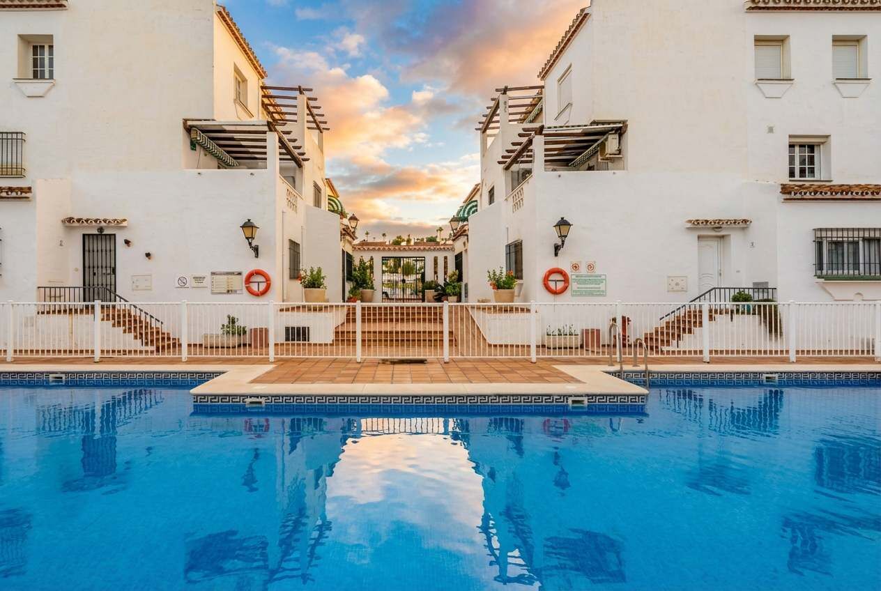 Un espace piscine offrant une vue dégagée sur le bord de la piscine, un chemin central et des bâtiments blancs dotés de balcons.