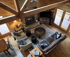 Smart TV, fireplace, books