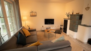 TV connectée, cheminée, livres