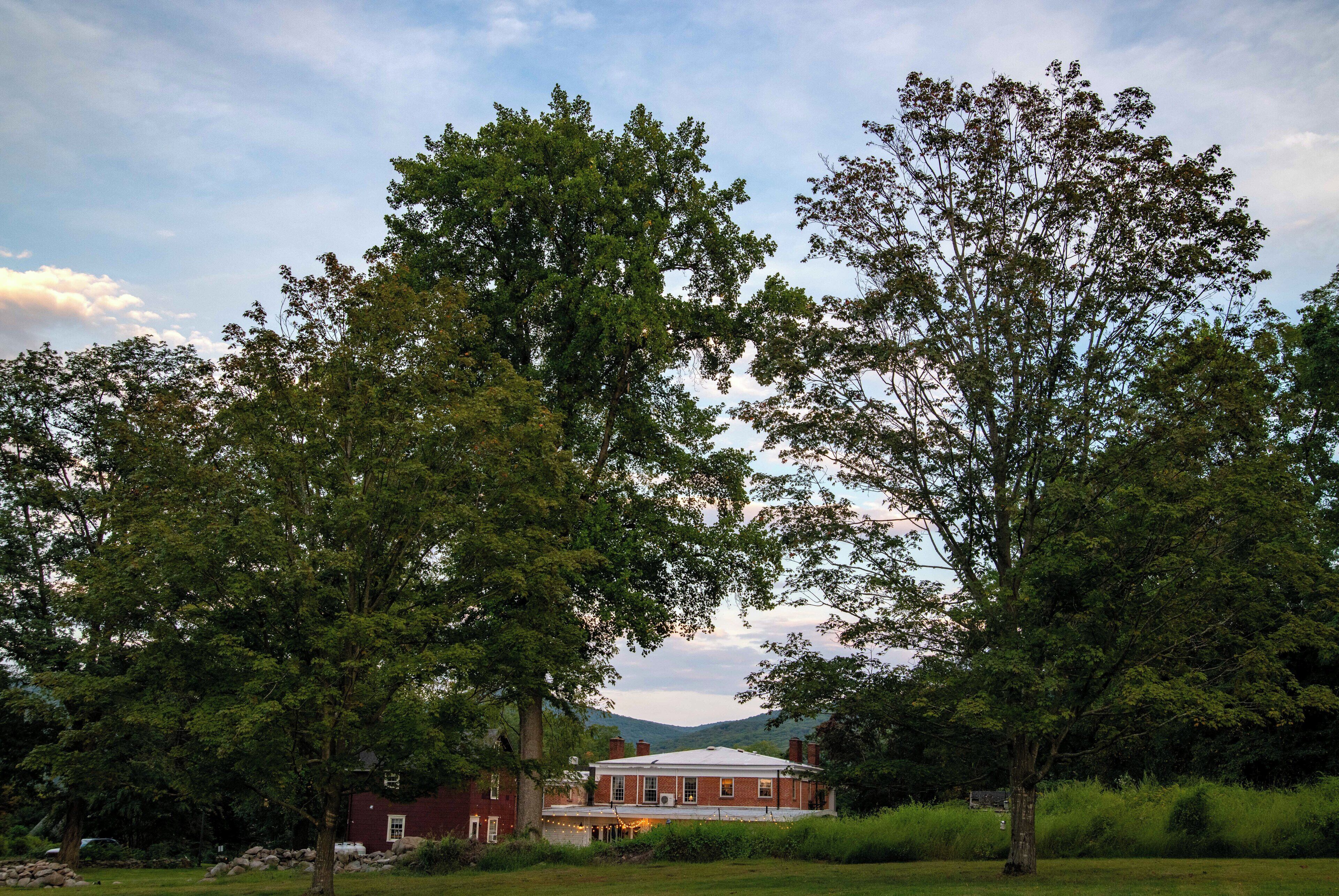 A large house surrounded by trees and a grassy field.