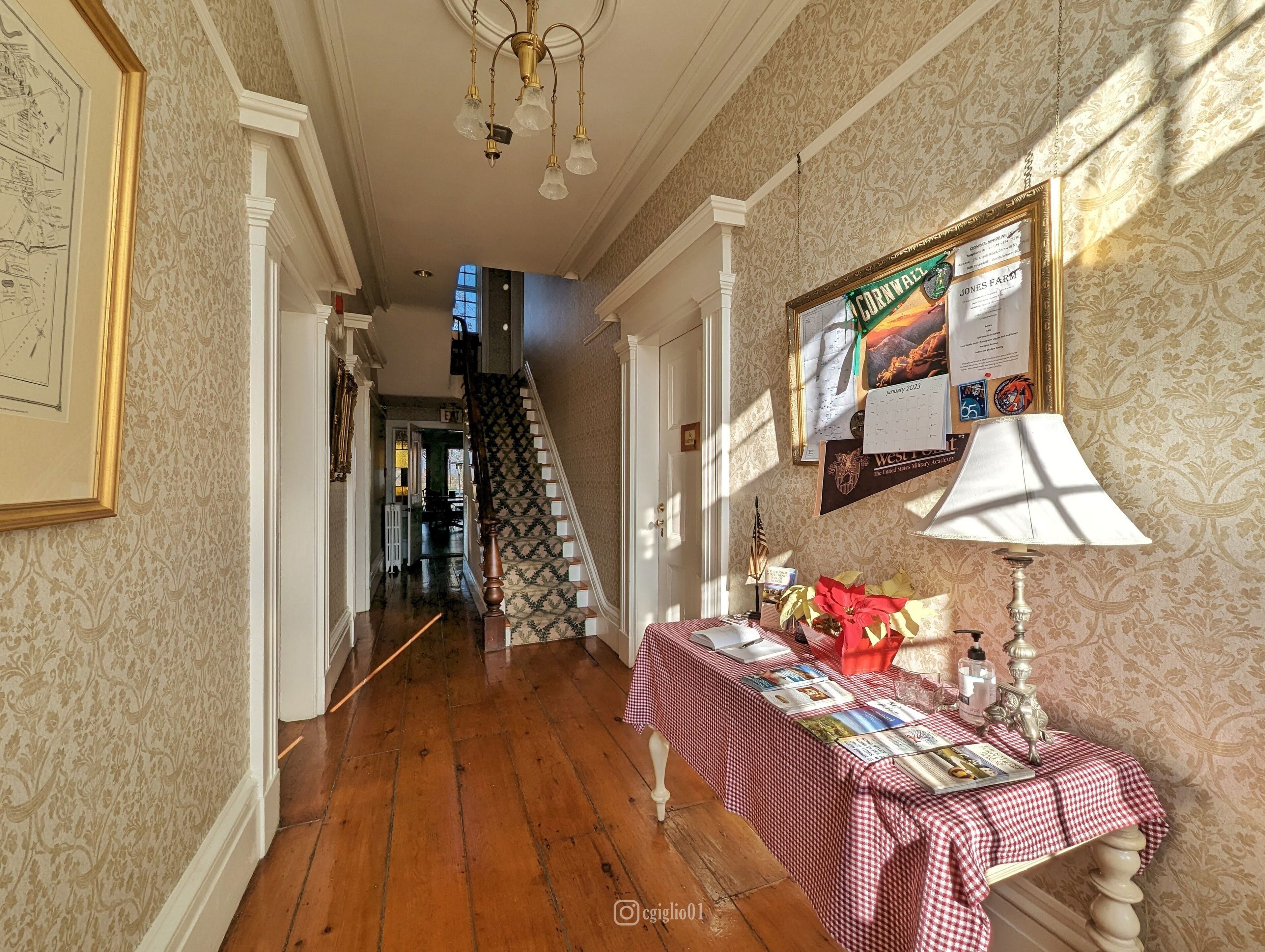 A hallway with patterned wallpaper, a staircase, a table with books and a lamp, and a framed certificate on the wall.