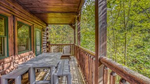Eine Holzhütte mit überdachter Veranda, Picknicktischen und Blick auf ein bewaldetes Gebiet.