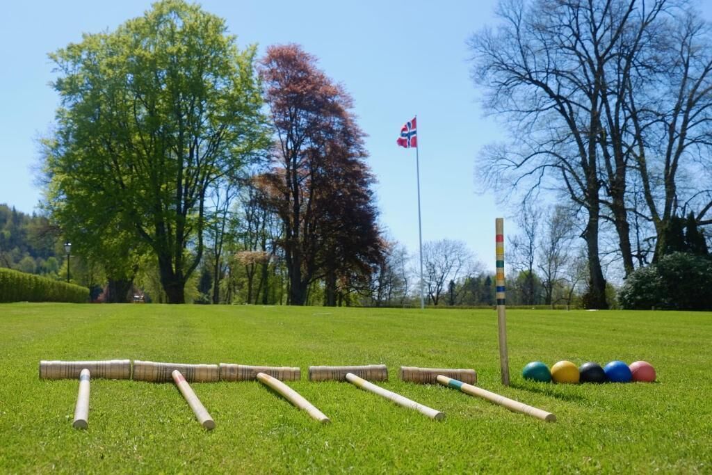 A croquet set on a grassy field with a flagpole and a flag in the background.