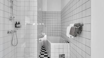 Shower, rainfall showerhead, hair dryer, slippers