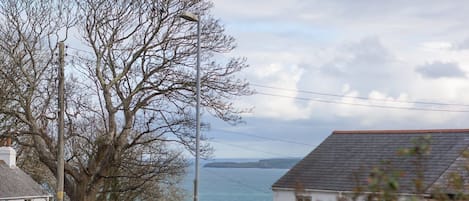A coastal scene with a white building, a large tree, and a street lamp.