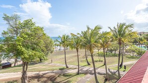 A view of a beachside area with palm trees, a pathway, and a building with a red roof. - Studio Karuker’As - Aouara 1326 (Sainte-Anne)