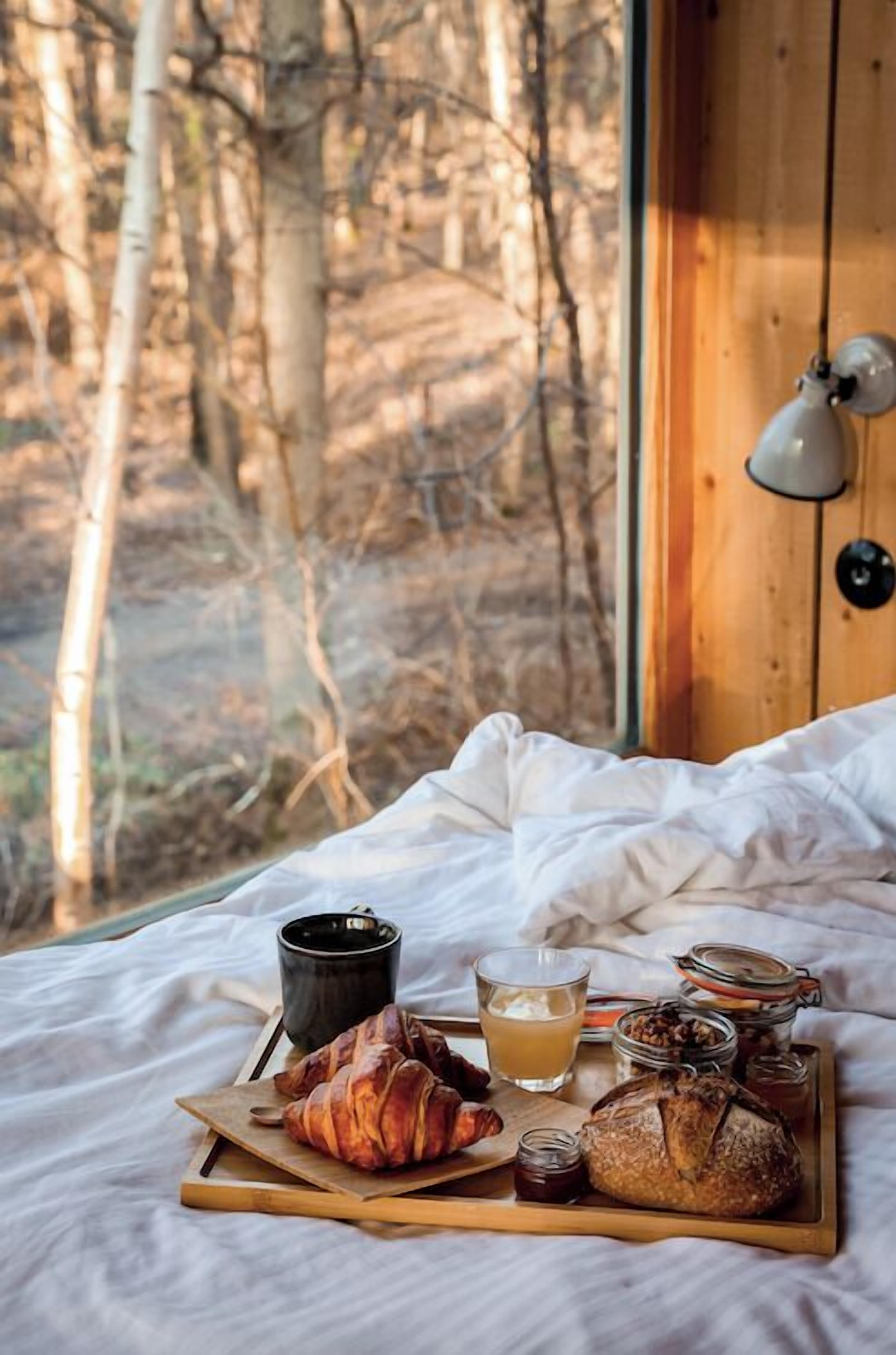 A bed with a tray of food, a cup, and a glass, with a window view of trees.