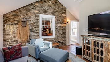 Smart TV, fireplace, books, stereo