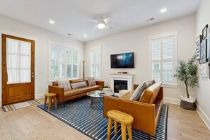 TV, fireplace, books