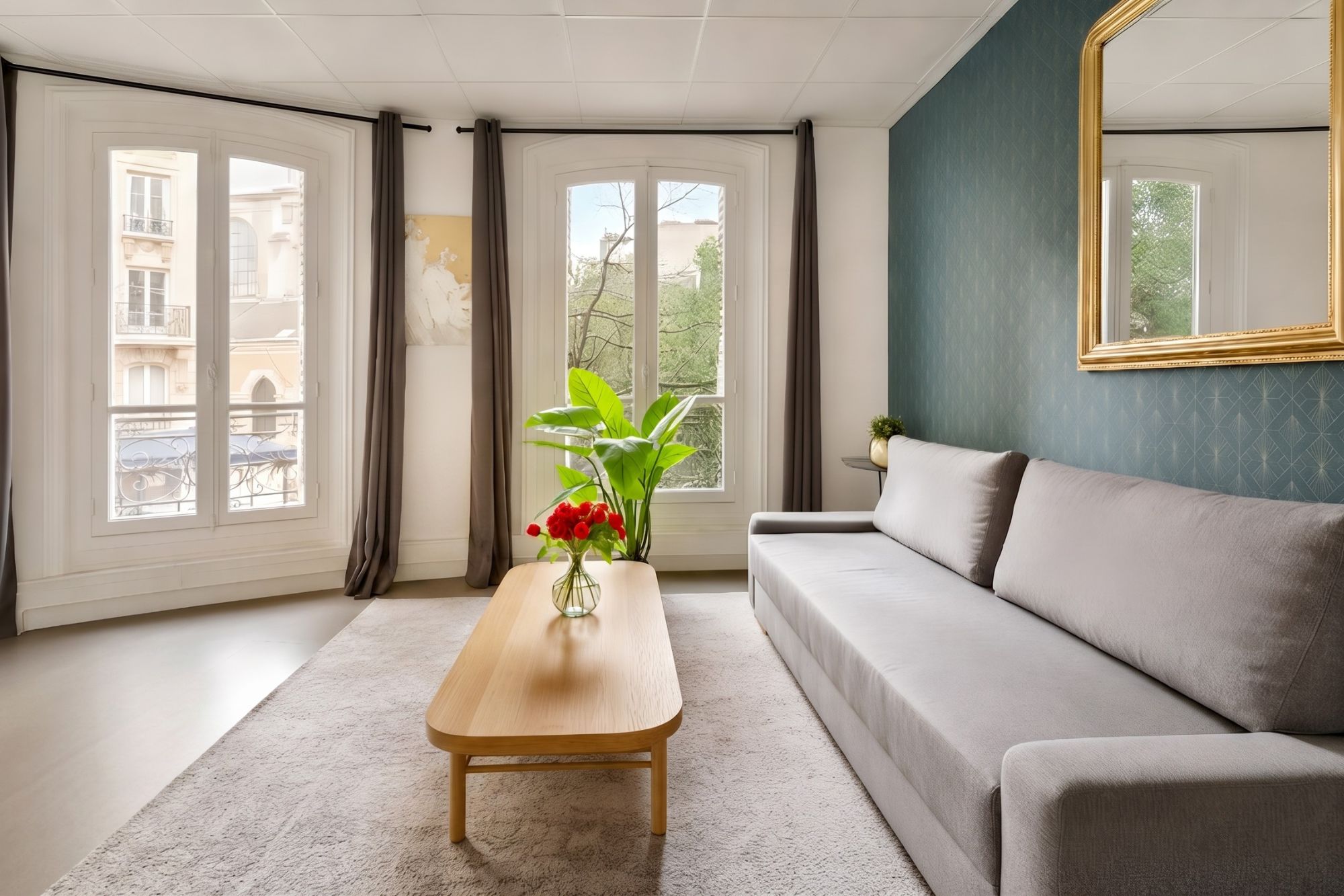 A modern living room with a sofa, a wooden coffee table, and a vase with flowers.