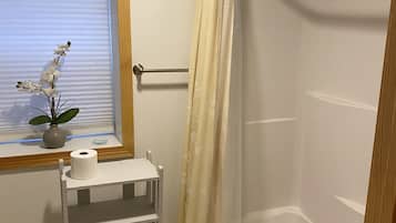Combined shower/tub, hair dryer, towels, soap