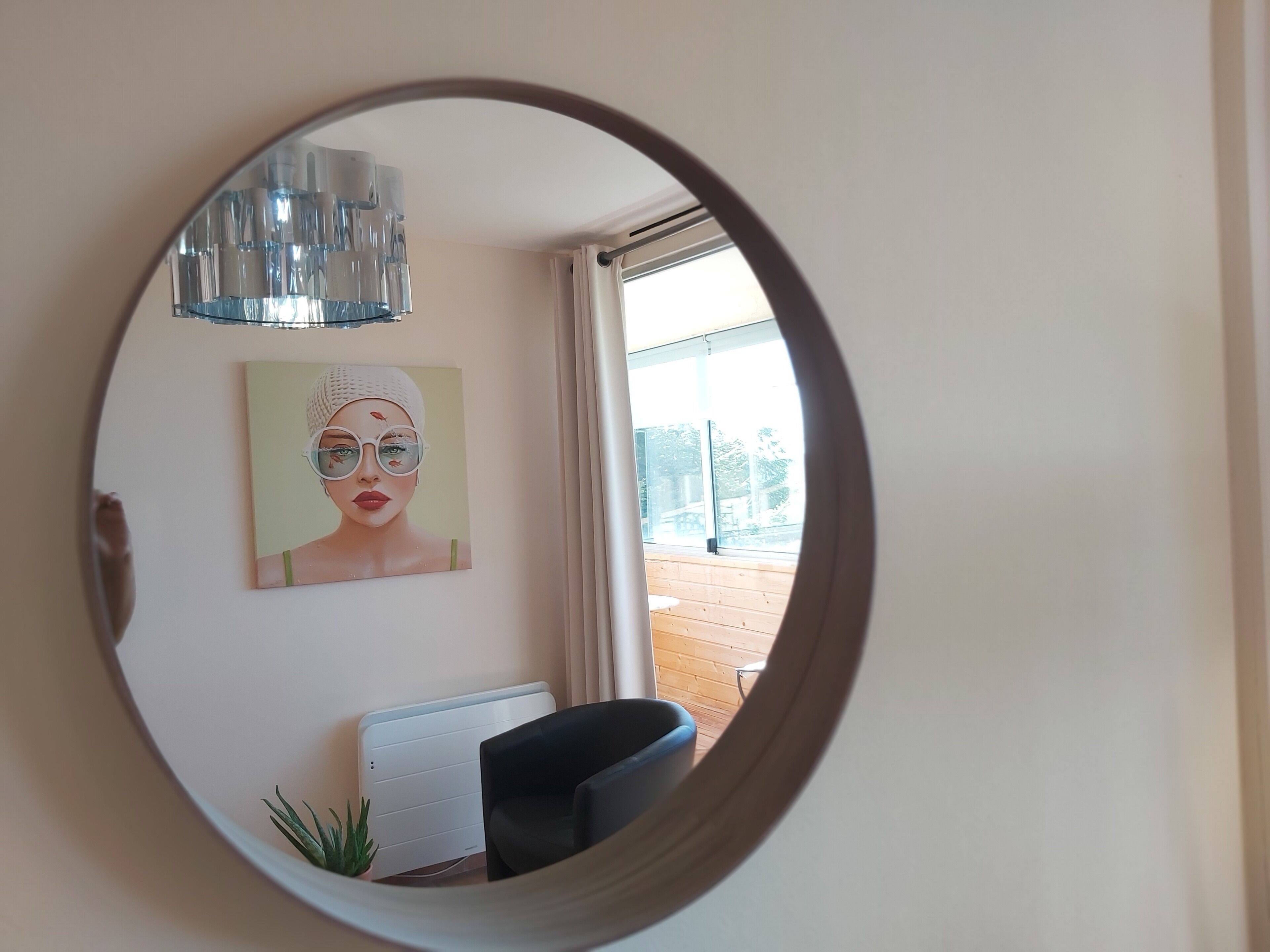 A room with a round mirror, a radiator, a small plant, and a painting on the wall.