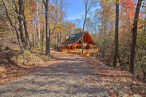 Eine Hütte mit Veranda, umgeben von Bäumen und einem Kiesweg, der dorthin führt.