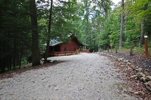 Eine rustikale Holzhütte mit einem Schotterweg, der davorführt, umgeben von hohen Bäumen.