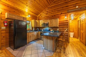 Cocina de cabaña de madera con armarios de madera, un refrigerador negro, un microondas, una estufa y un lavaplatos.