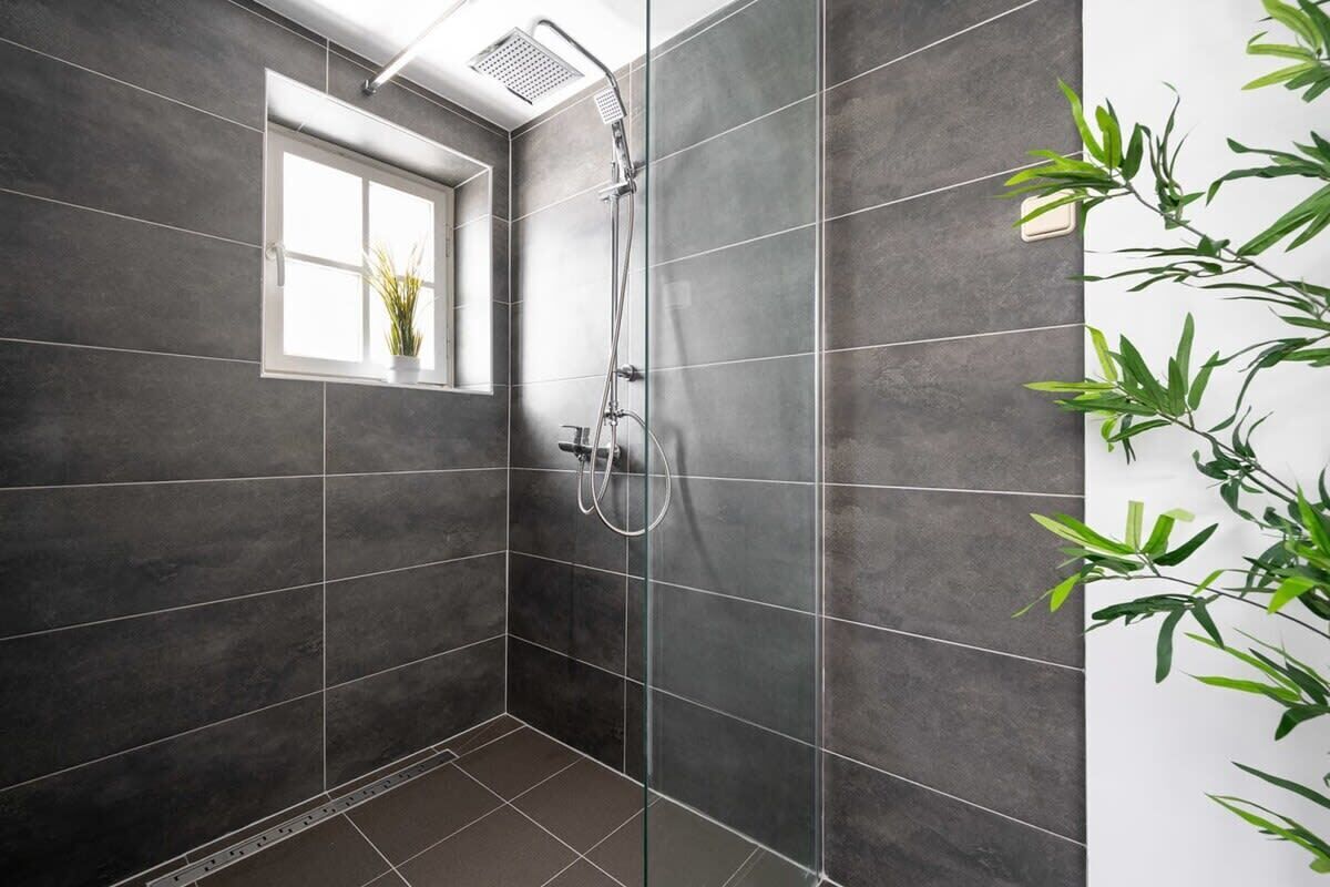 Dusche, Haartrockner, Handtücher, Shampoo