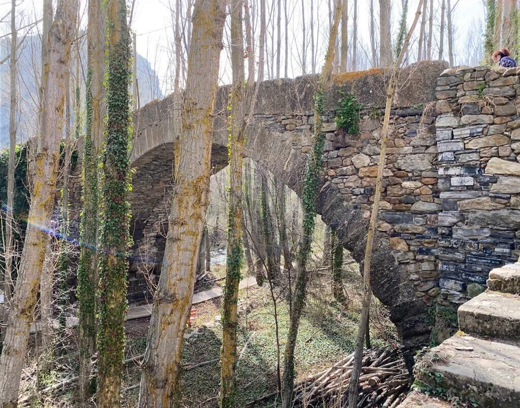 Een stenen brug met een stenen muur aan de zijkant, omringd door bomen en een bergachtige achtergrond.